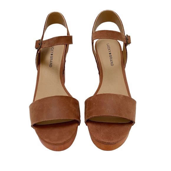 Luck Brand LK-Trisa Heeled Sandals Size 9/40 Leather Upper Brown Wooden Heel - Picture 10 of 12